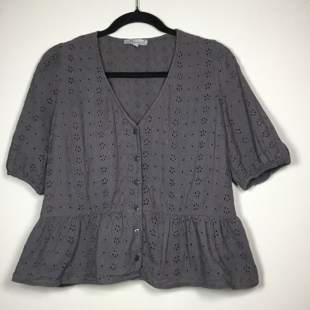 Charcoal eyelit lace cotton blouse button down ruffle whimsygoth cottagecore S